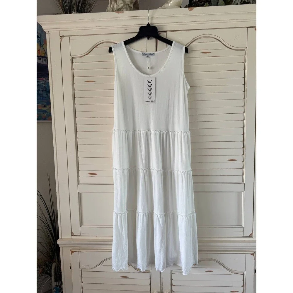 White Mark Maternity Dress 1XL White Sleeveless Tiered Smock Midi Pullover NWT - Picture 3 of 4